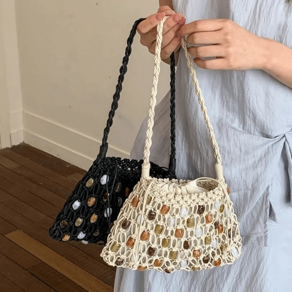 Hollow Woven Bead Shoulder Bag Summer Bohemian Crochet Mesh Colorful Large Capacity Beaded Women Daily Use 261017