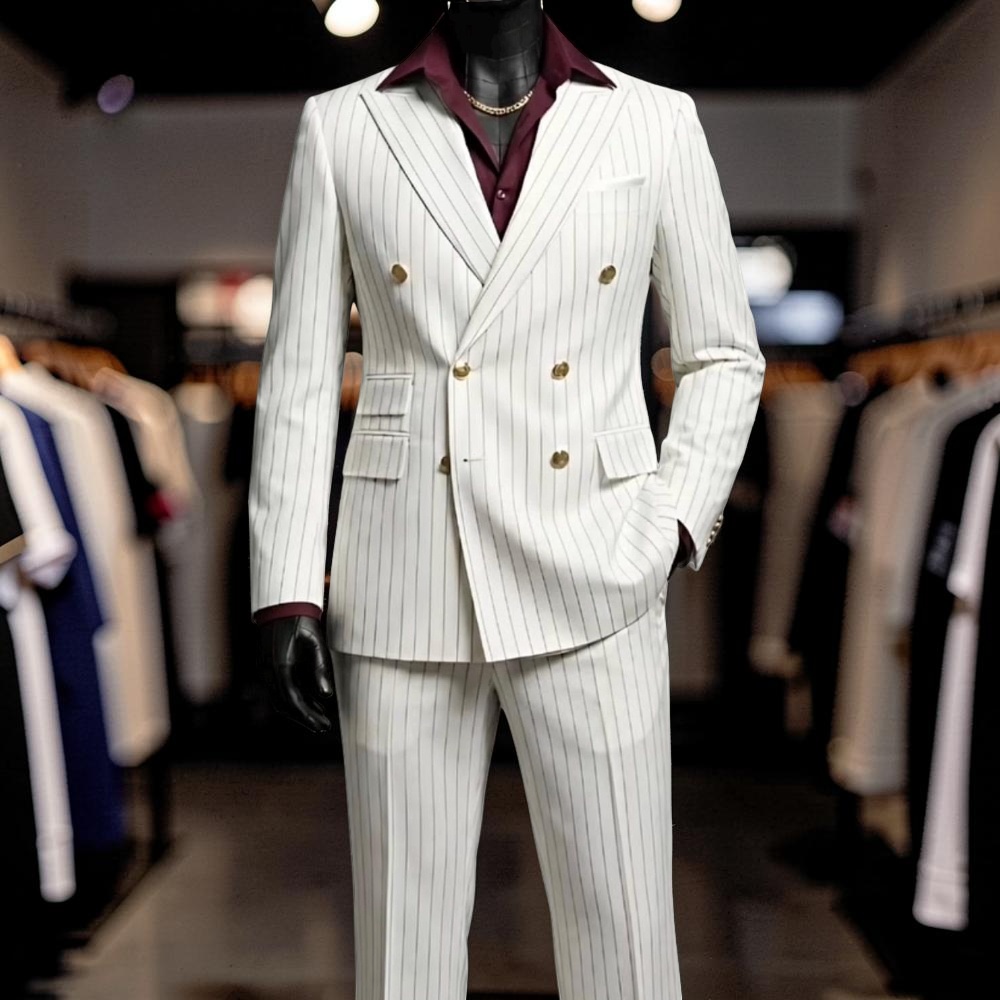 Striped Men Suits Double Breasted Business Male Fashion Suit Jacket with Pants 2 Pieces Custom Made Prom Groom Wedding Tuxedo