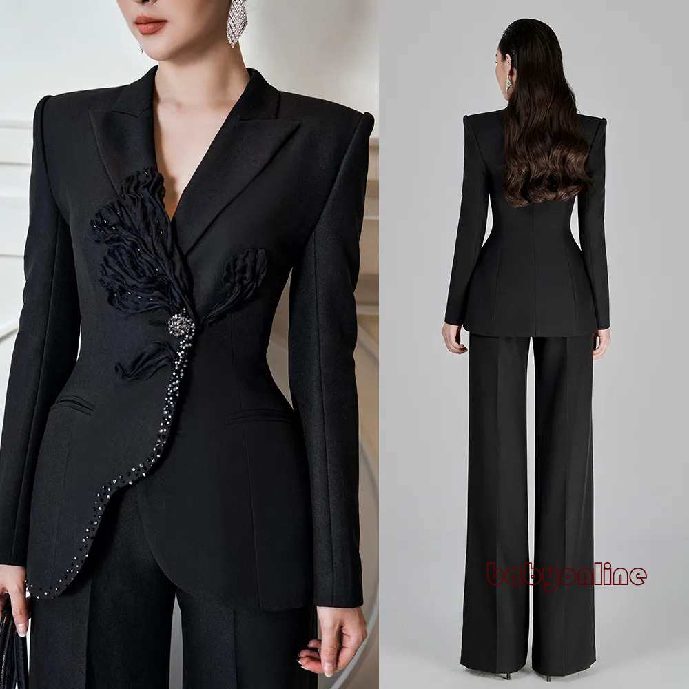 Customized W320 Womens Satin Evening Dress Suit Sheer Lapel Jacket And Pants Set Elegant 2 Piece Formal Outfit 723