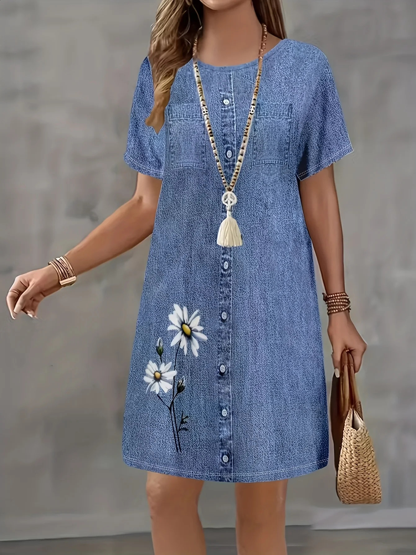 Womens Daisy Print Faux Denim Midi Dress Summer Casual Short Sleeve Button Front A Line Flowy Sundress Beach Vacation 260720banjia