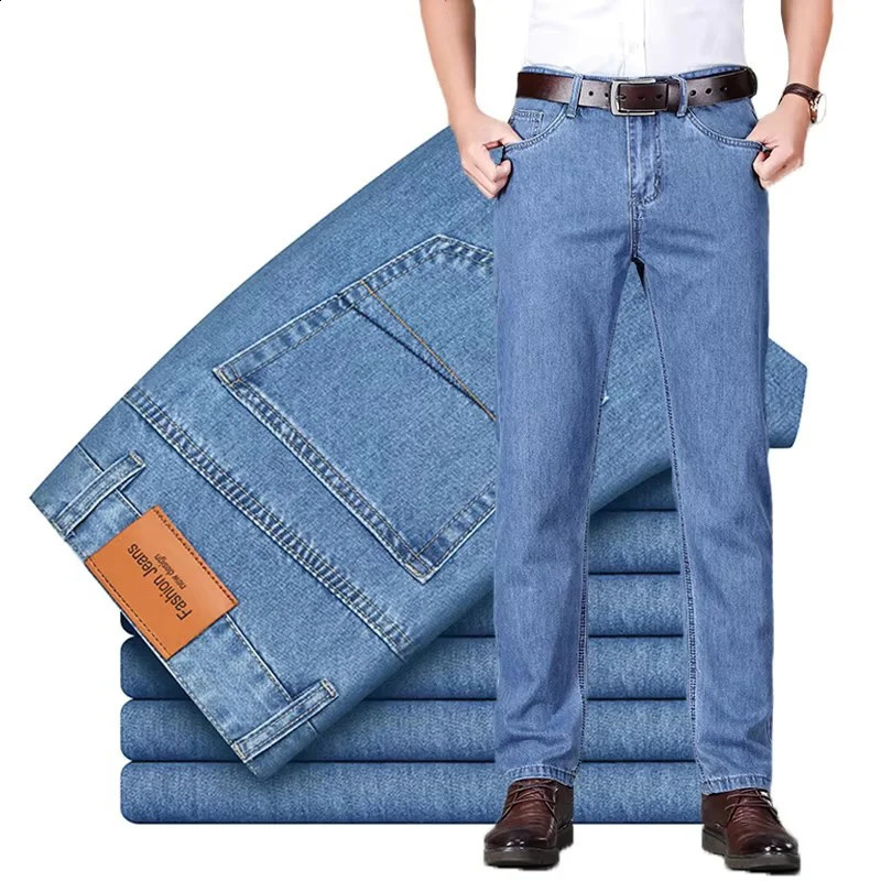 100 Cotton Mens Thin Business Jeans Straight Slim Classic Male Trousers Fashion Casual Breathable Summer Denim Pants 260721banjia