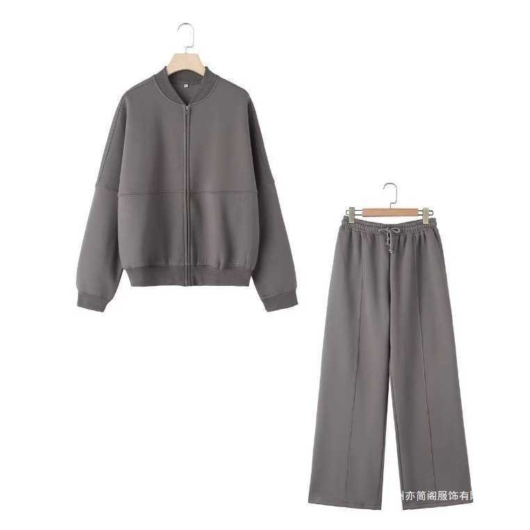New autumn and winter zip-up aviator jacket-style sweatshirt high-waisted fleece pants set L26723