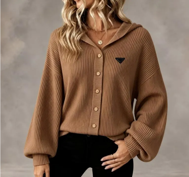 women Veste pour concepteur de luxe Vintage à capuche tricoté Cardigan lâche épaule tombante manches bouton velours côtelé vêtements d'extérieur