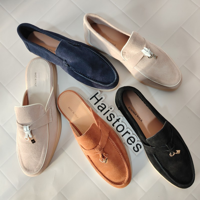 Designer Shoes Babouche Femme Homme Charms Été Daim Yacht Mocassins avec Verrou Mule Taupe Chaussures Habillées Sans Talon Piping Quiet Luxury Po