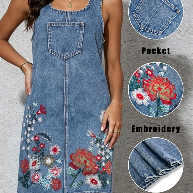 Womens Sleeveless Denim Dress Short Skirt Exquisite Heavy Industry Floral Embroidery Loose Slimming Soft Fabric Vacation y260720banjia