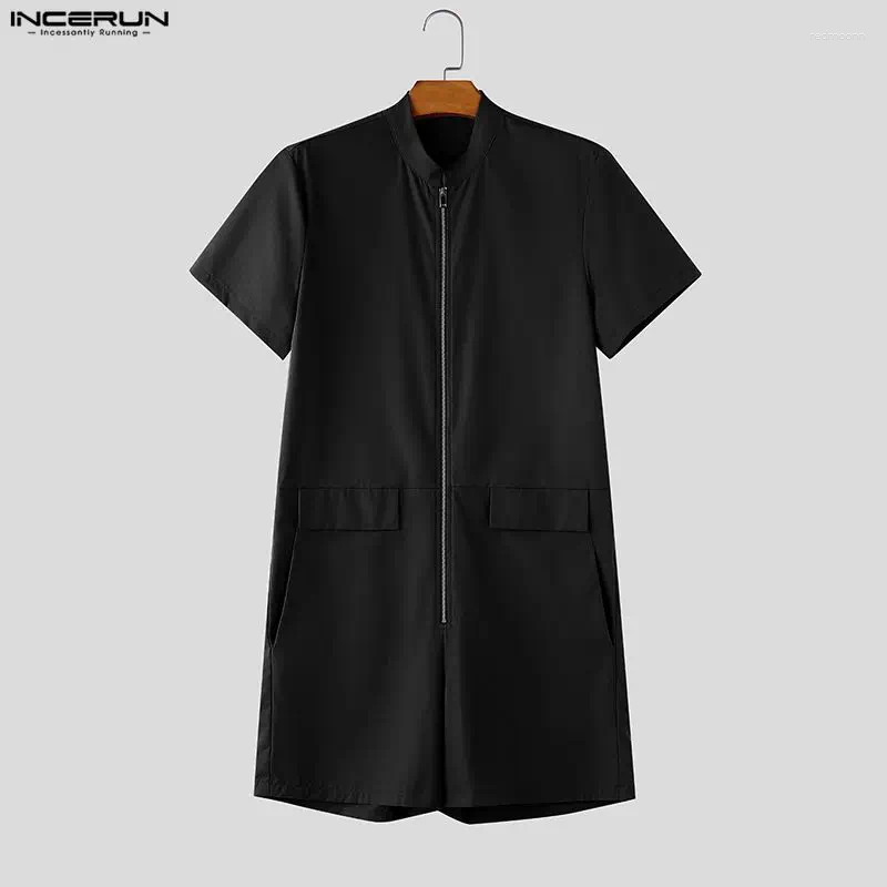 Men's Shorts INCERUN Jumpsuits Solid Zipper Stand Collar Short Sleeve Casual Male Romper Streetwear Summer 2026 Overalls For Man