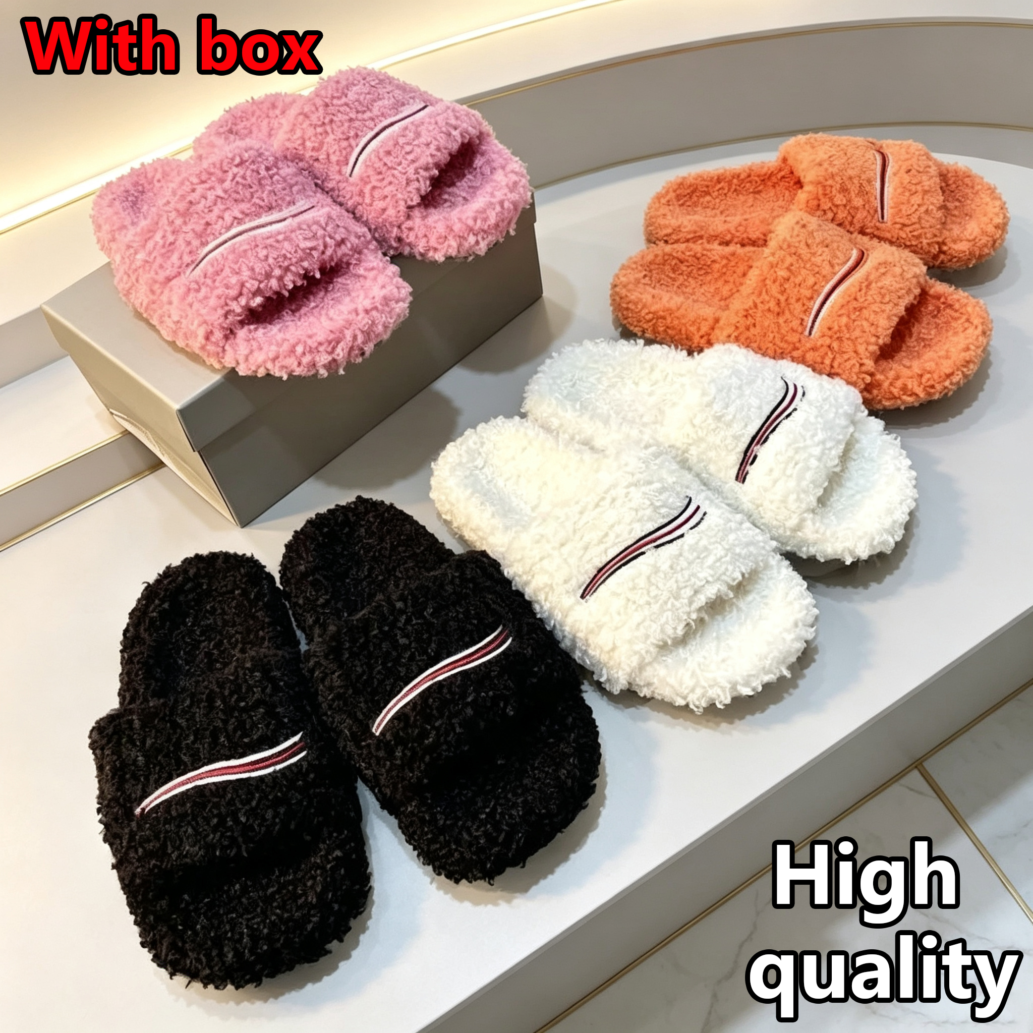 Women's Luxury Paris Fluffy Open Toe Slide Slippers Man Fuzzy Curly Fur Slip On Sandals Indoor Outdoor Cozy Plush Slides for Fall Winter With b