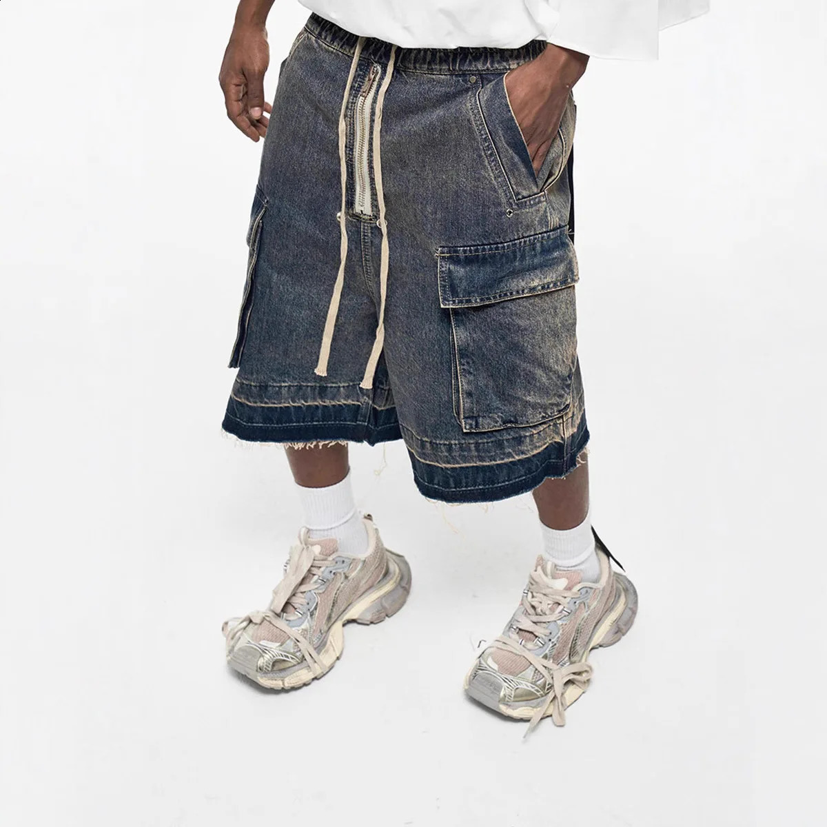Washed Denim Workwear Shorts Mens Loose Fit High Street Style Zipper Hem Side Pocket Straight Leg Jeans Youth Trend 260721banjia