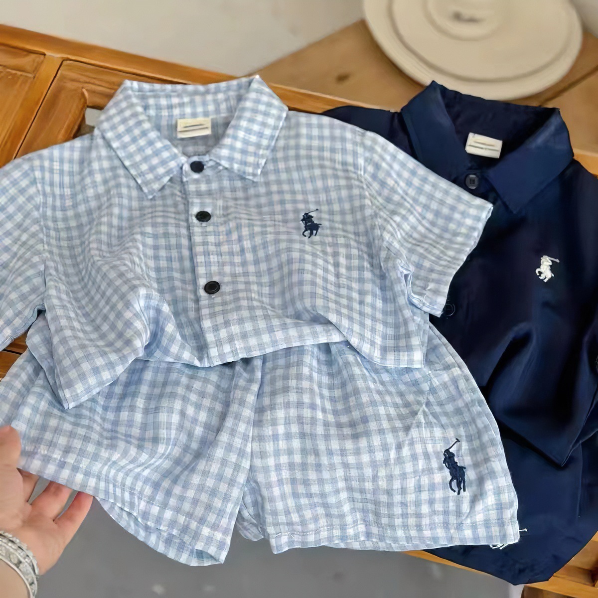 designer Kids Clothing 2026 Summer New Kids Plaid Shirt Set, Cute Pony Print Short Sleeve Top & Solid Shorts for Boys Girls, Thin Chiffon Blouse Two