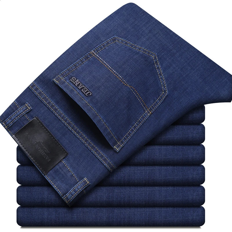 Summer Elastic Mens Jeans Fashion Comfortable Business Straight Stretch Cotton Casual Denim Pants Male Thin Trousers 260721banjia