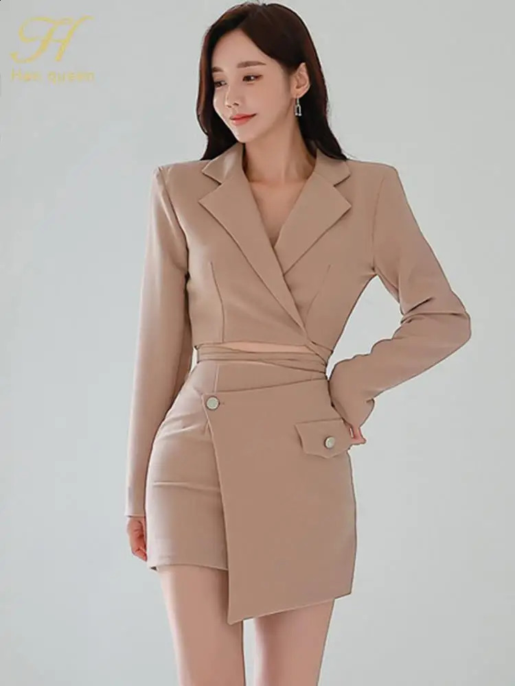 H Han Queen Elegant 2024 Spring Autumn 2 Pieces Set Women Short Suit High Waist Pencil Skirts Casual Simple Office Skirt 260720banjia