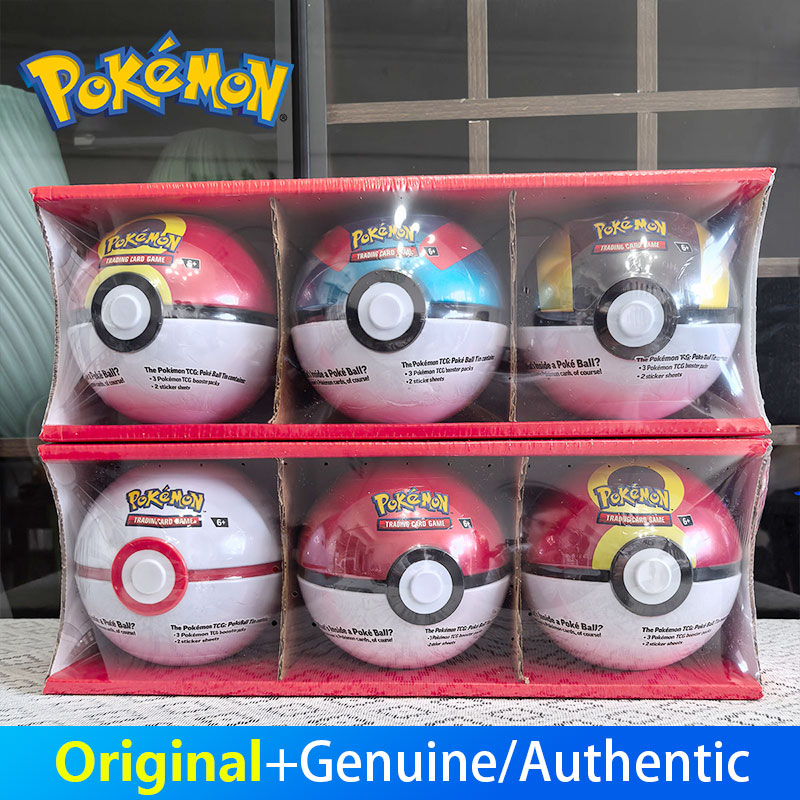 POKEMON Estuche de lata Pokemon Poke Ball versión estadounidense Juego de 3 piezas Caja de colección de tarjetas PTCG oficial con 3 paquetes de refu