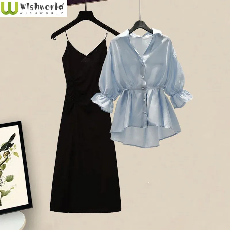 Spring and Autumn Season Set Womens 2024 Korean Edition Waist Slimming Shirt with Hanging Dress Two Piece 260720banjia