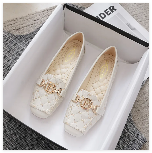 free shipping women's shoes 2026 summer new design square toe flat bottom comfortable elegant dress shoes soft sole patent embroidered thread l