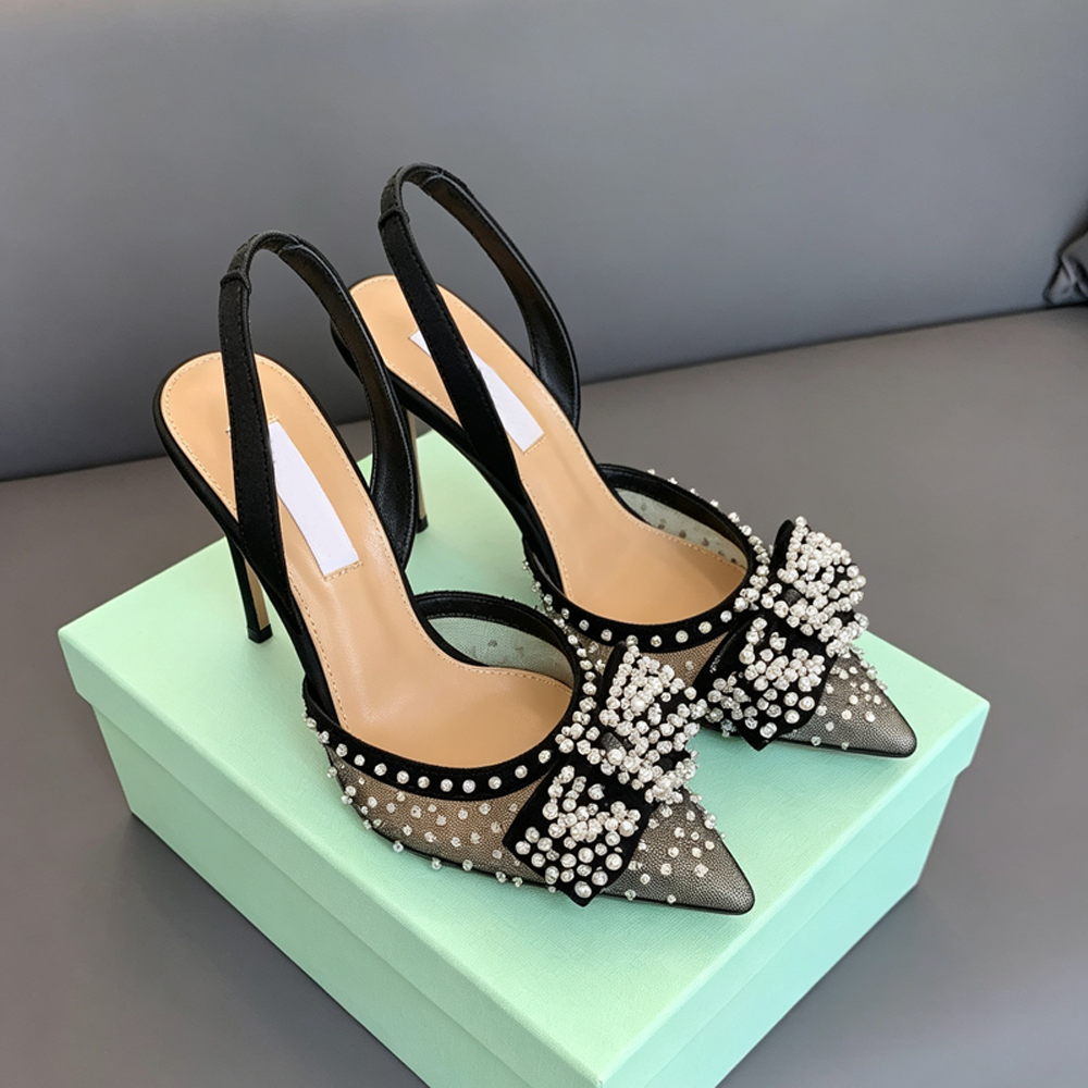 Women Mesh Rhinestone pearl Bow Slingback High Heels Pointed Toe Stiletto Backless Pumps Wedding Party Evening Dress Sandals Black White Two Colors
