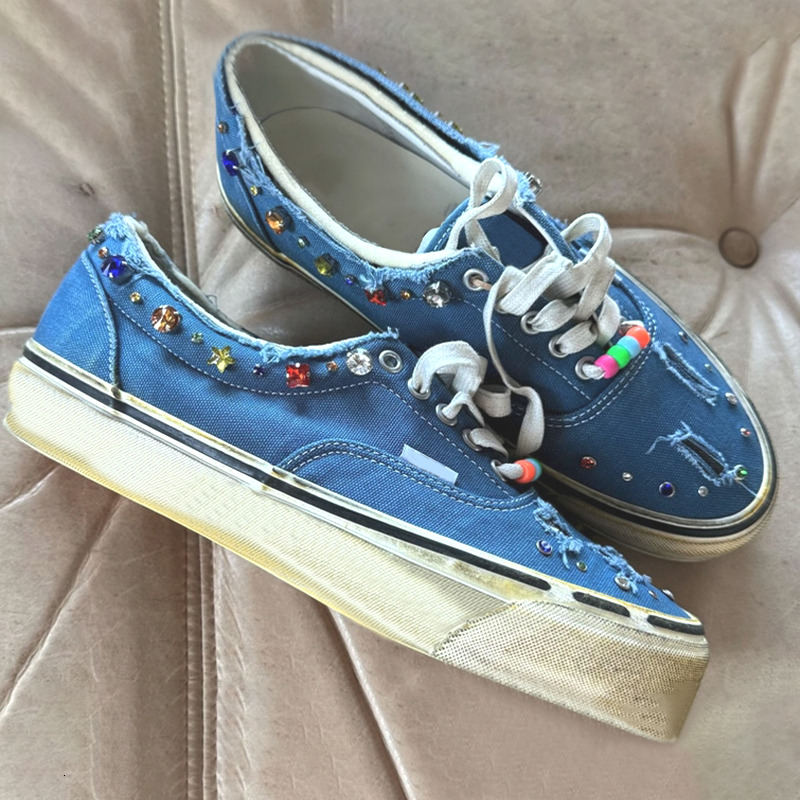 Nouveauté Blue Denim Chaussures Perlisées Homme Designer Perles Baskets Toile Femme Chaussures Décontractées Avec Perle Vintage Skate Flats Train