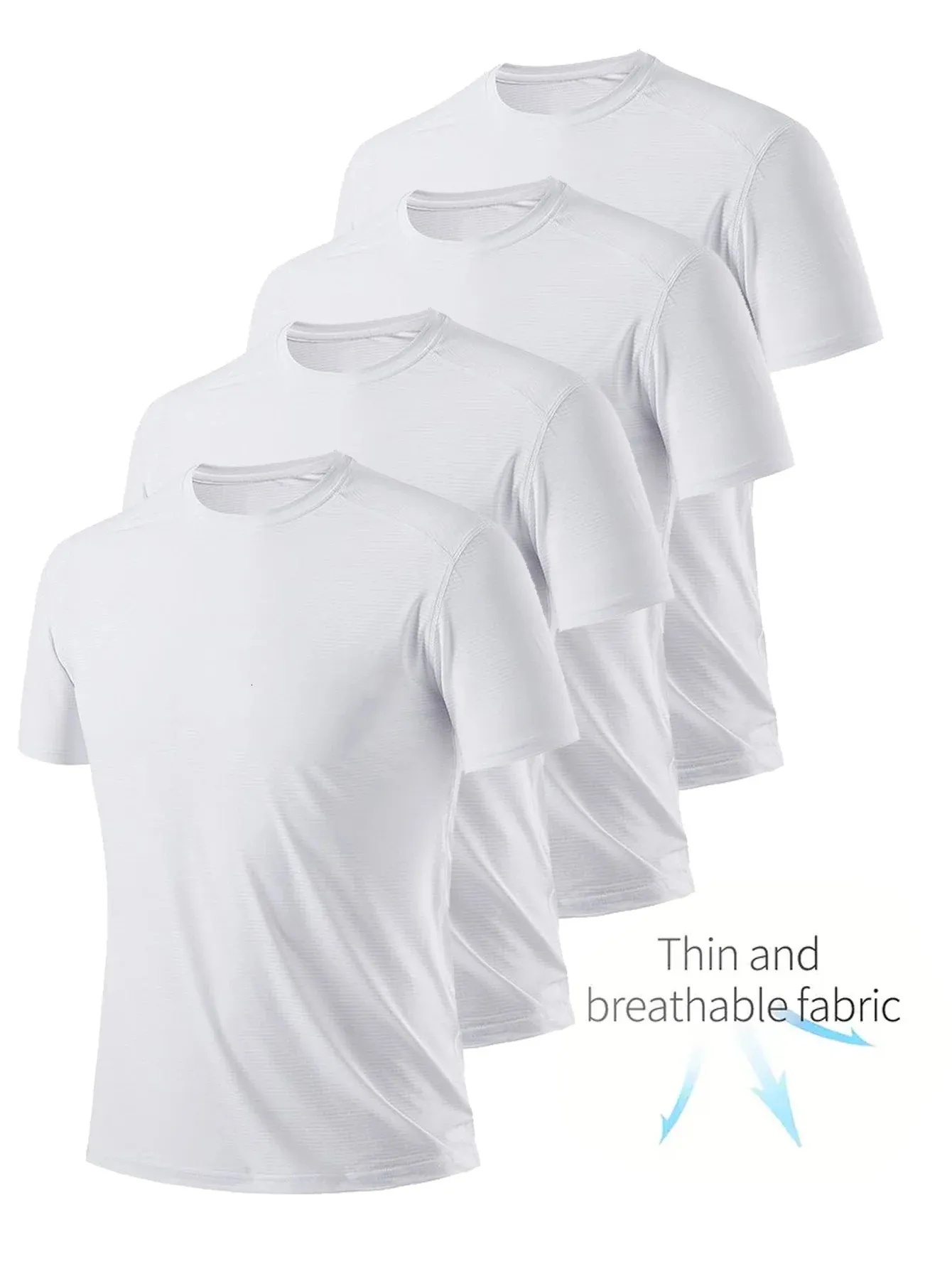 Four white ultra light men's quick drying, breathable and sweat absorbing round neck T-shirts, suitable for fitness, gym and running 260723