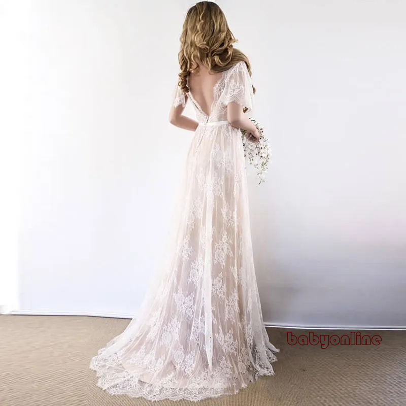 Boho Wedding Dress V Neck Lace Cap Sleeve Beach Gown Backless Custom Made Bridal Robe De Mariage 723
