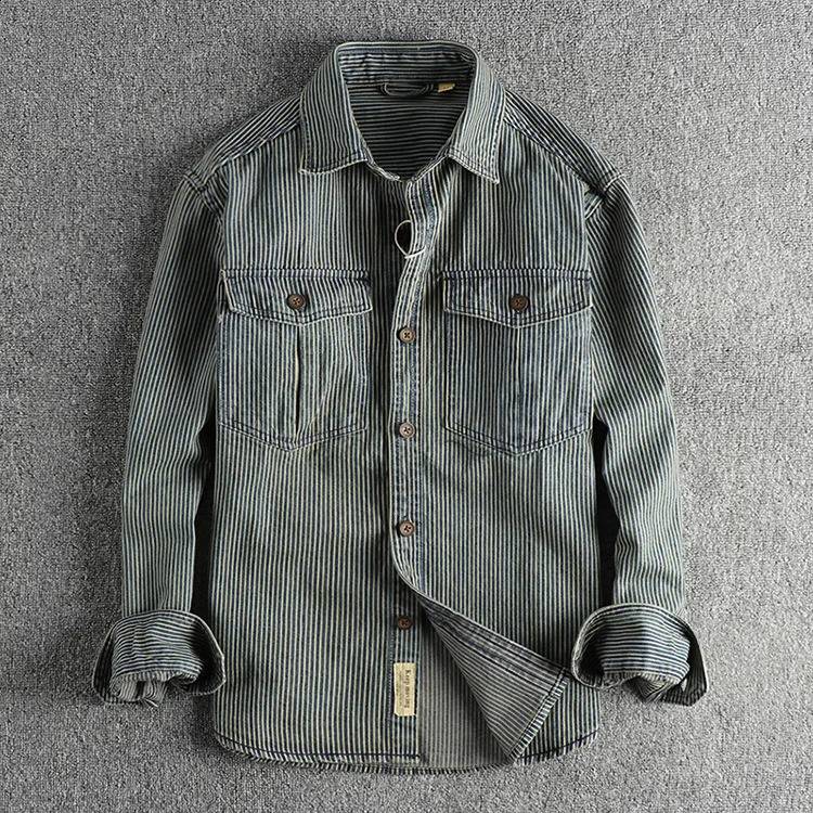 Vintage Denim Shirts Men Striped Washed Cargo Coat Button Pockets Blouses Long Sleeve Turn Down Collar Spliced Shirt Autumn 260713BANJIA