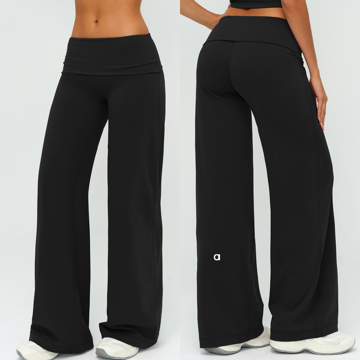 Women's brushed wide-leg sports trousers with folded waistband loose-fit figure-flattering suitable for outdoor running