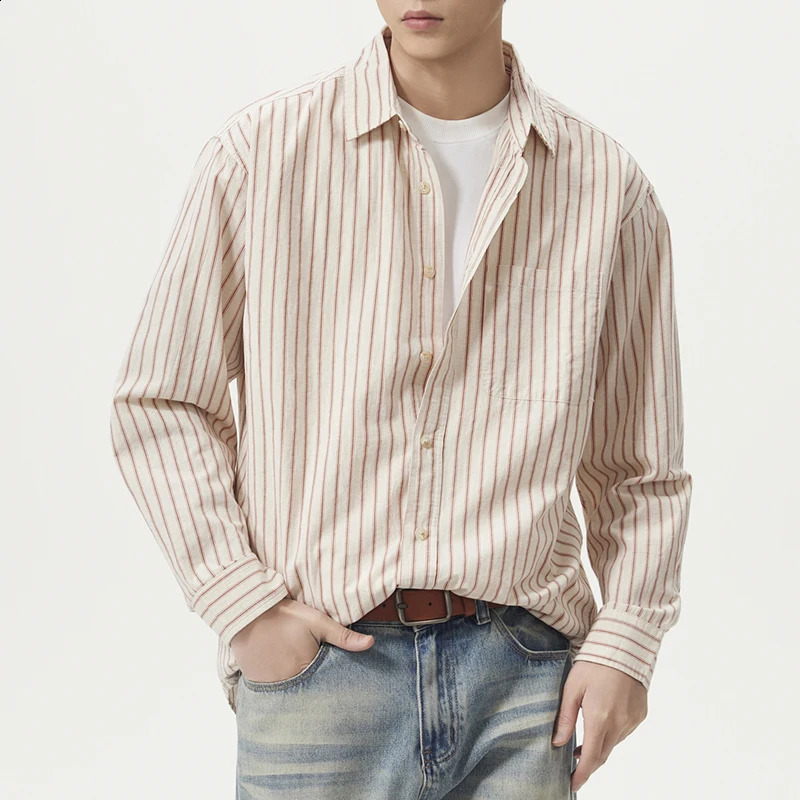 Men Cotton Linen Casual Commute Loose Long Sleeve Simple Fashion Stripe Shirt Male Vintage Plus Size Shirts Clothes 260713BANJIA