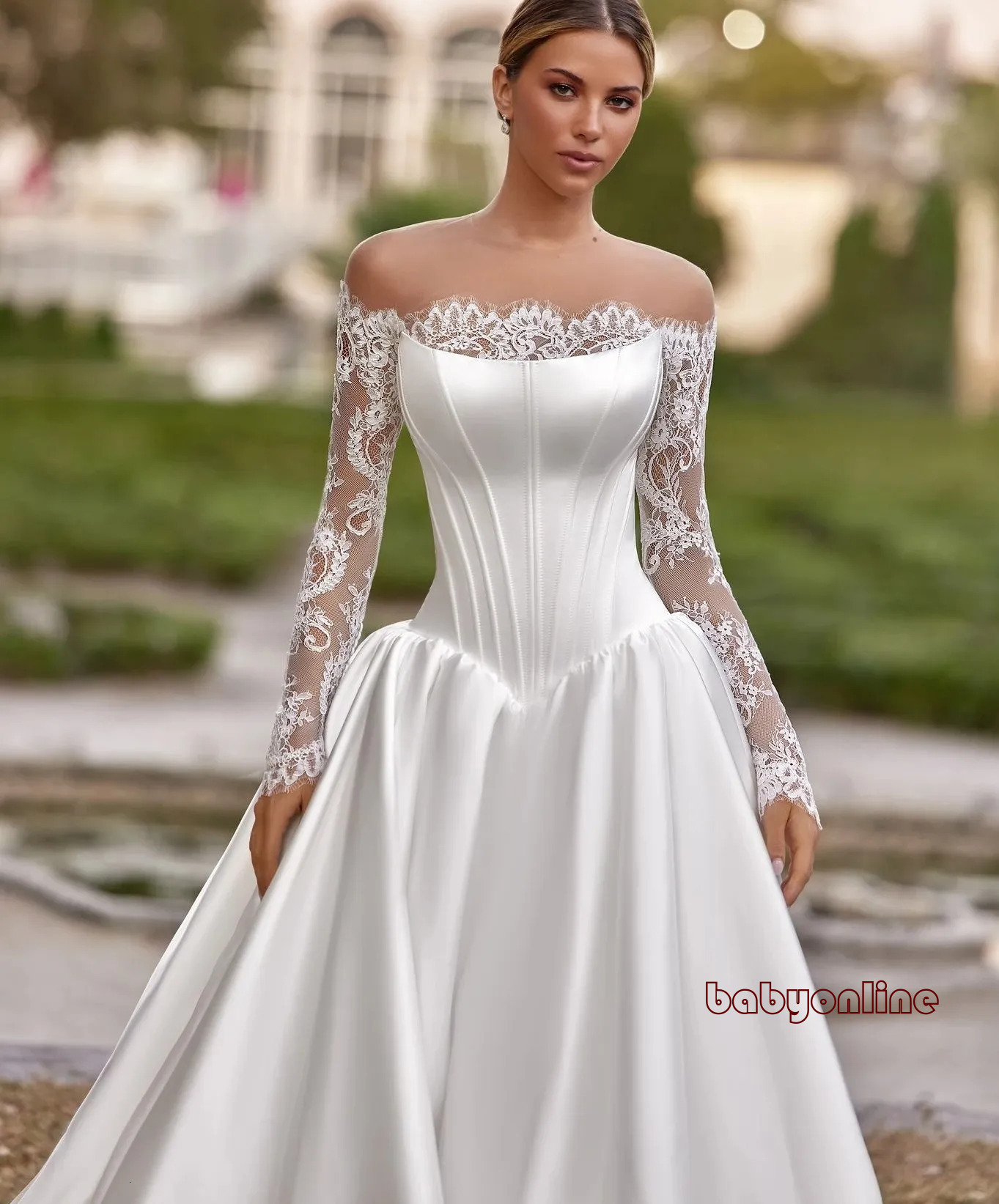 Elegant A Line Wedding Dresses Sheer Neck Top Long Sleeves Satin Lace Bride Bridal Formal Party Gowns Vestidos De Noiva 723