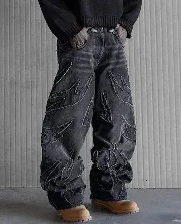 Men Jeans Baggy Jeans For Men Y2k Hip Hop Distressed Retro Black Pants trousers Oversized Embroidery Harajuku Gothic Wide Leg Trousers Streetwear De