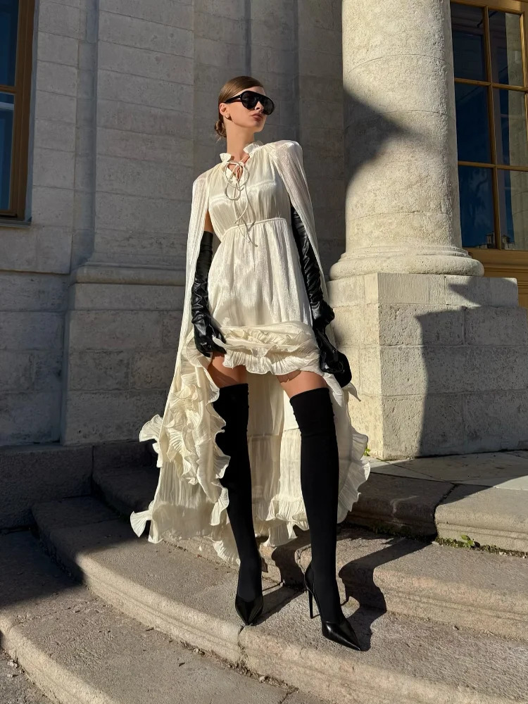 Solid White Ruffle Maxi Dress Women Fashion Lace Pleated Sleeveless Off shoulder Long Dresses Lady 2026 Summer Holiday Robes 260724