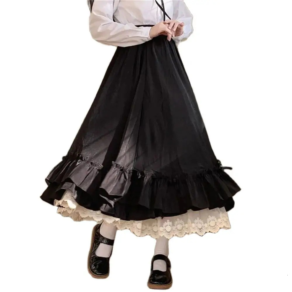 Korean Style Black White Half Skirt Female Long Skirts Japanese Solid Color Double Layer Vintage French Ruffled A-line Skirt 260724BJ