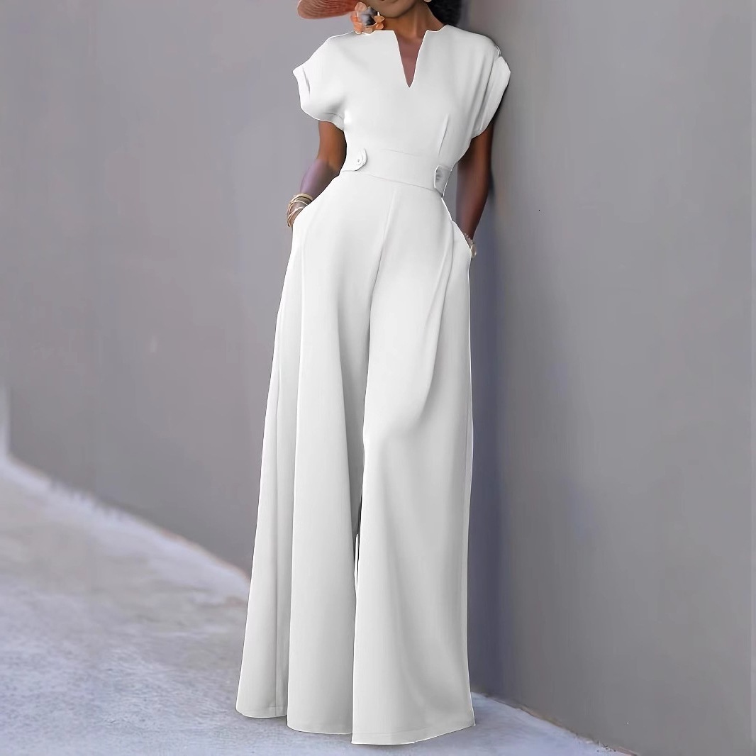 New Women's Fashion: Elegant Stylish Solid Color Half Open Collar High Waisted Wide Leg Sleeveless European And American Jumpsuit