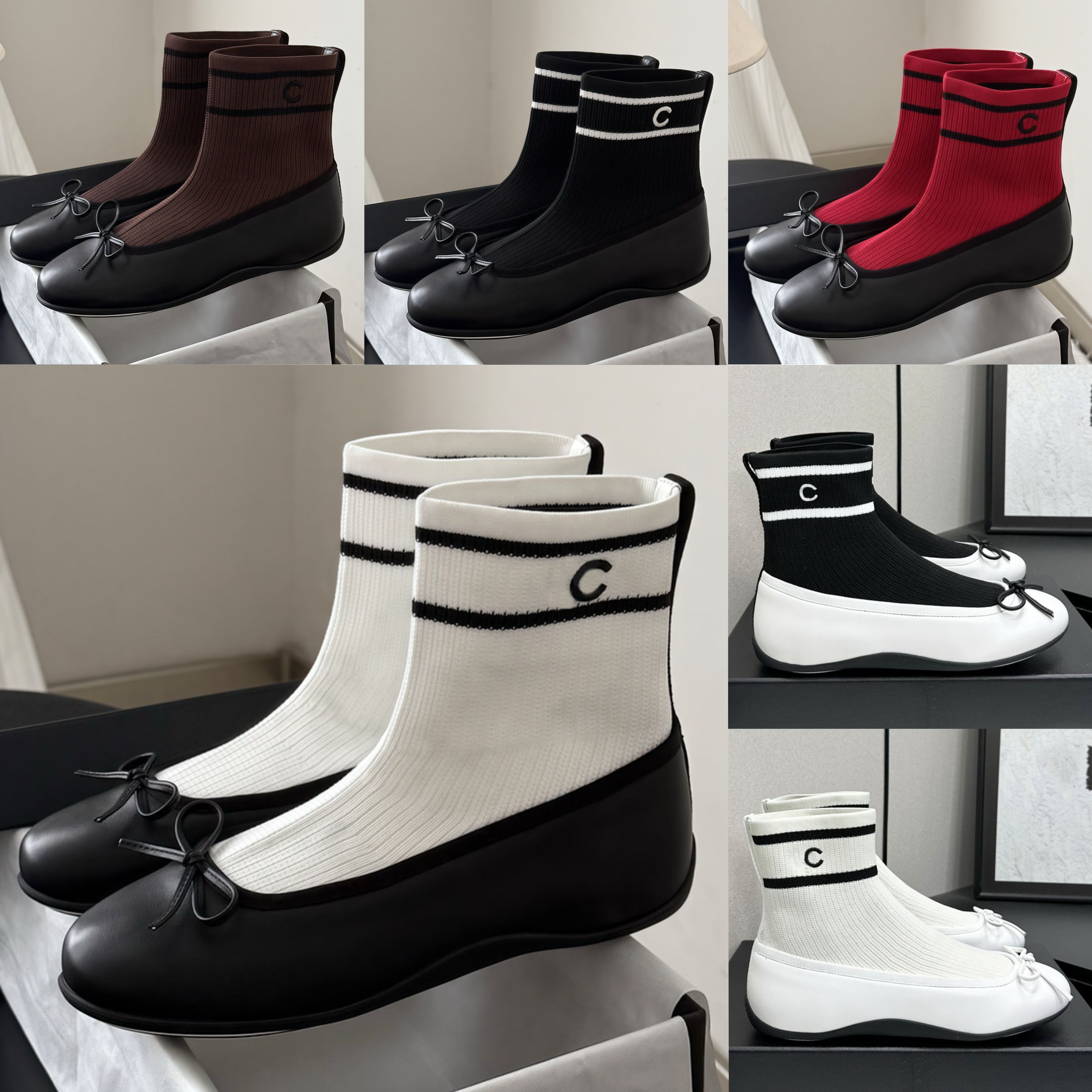 Fall Winter 2026 Pre Collection Sneakers Women Designer Socks Boots Splicing Color blocked Bow Retro Slim Sleeve Ballet Style Fashion Boots Top Qual