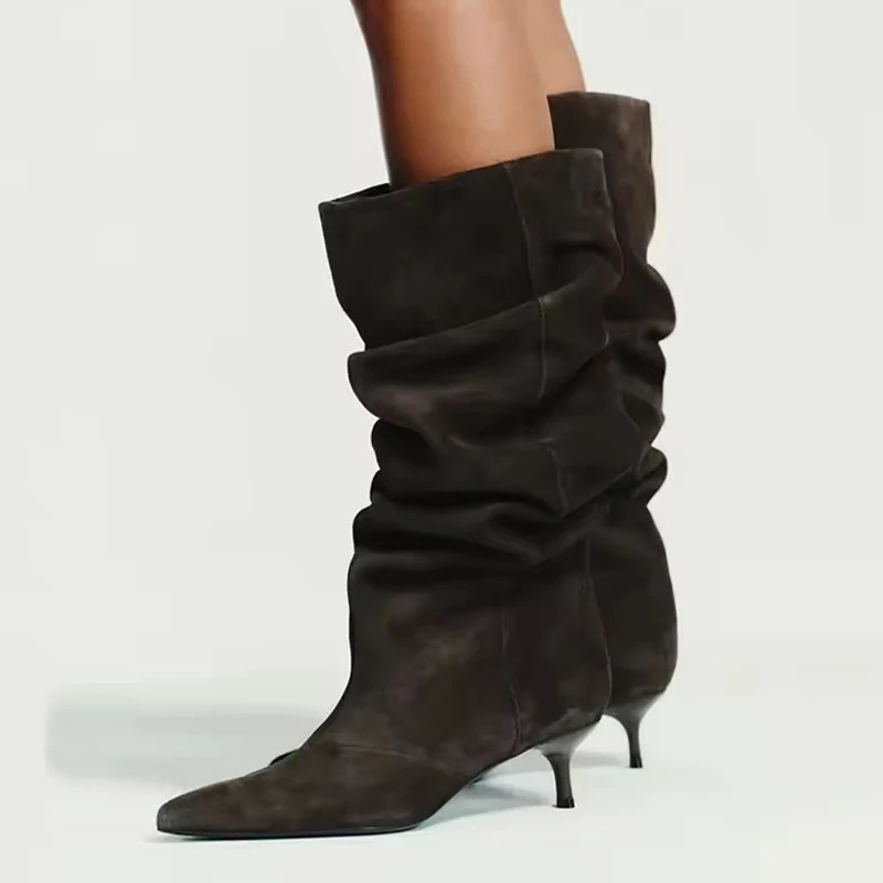 Liyke Runway Fashion Pleated Suede Knee High Boots Women Brown Retro Pointed Toe Low Thin Heel Shoes ner Long Booties Mujer 260724