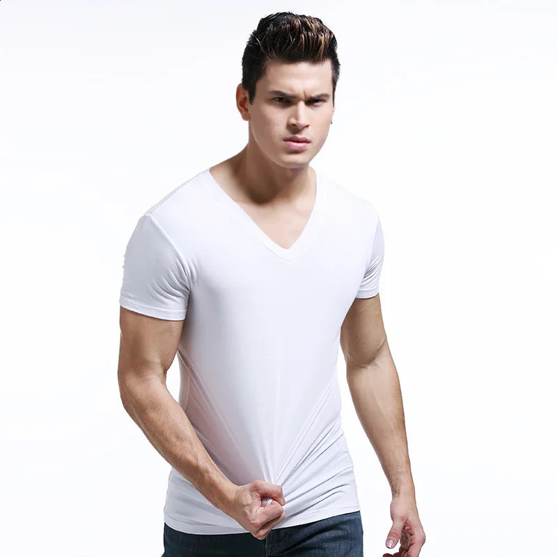 Modal summer round tight mens short sleeve V neck solid color vest T shirt slim fit sports undershirt 260723