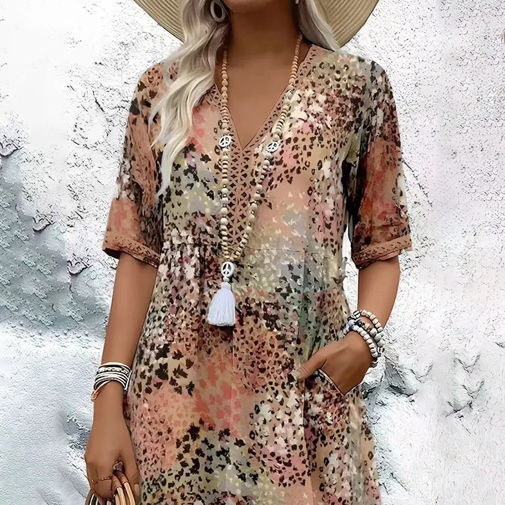 Summer Casual Leopard Print Long Dres 2025 Fashion Vneck Short Sleeve Loose Beach Dresses Elegant 260721banjia