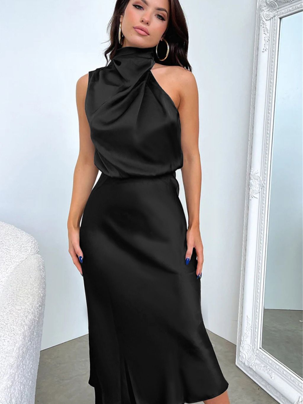 2026 New Elegant Halter Neck Satin Dress Women Sleeveless Solid Midi Dress Wedding Guest Evening Party Dress