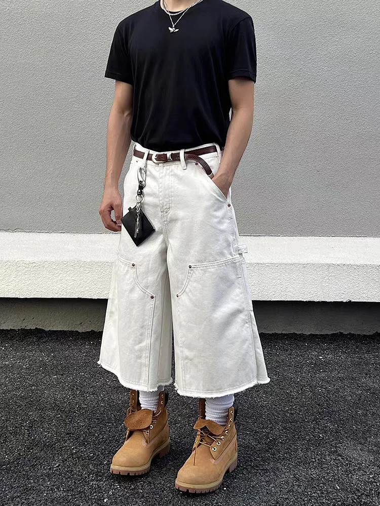 Mens White Baggy Wide Leg Carpenter Denim Jorts Frayed Raw Hem Y2K Street Style Casual Daily Going Out Loose Fit Streetwear Shorts 260721banjia