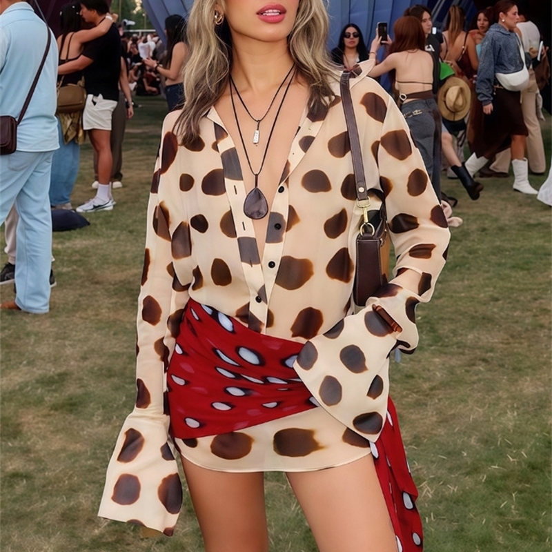 Print V neck Lace Up Casual Dress Women Chic Thin Mesh Polka Dot Flared Sleeves Patchwork Slim Fit Dresses Lady Daily Vestidos 260723