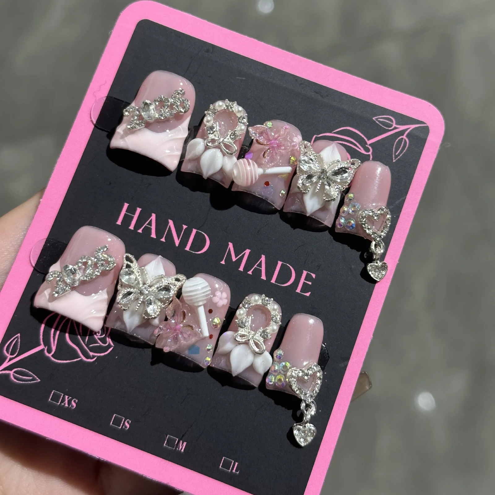 10pcs Short Duck Bill Press on Nails 3D Butterfly Flower False Nails Pink French Tip Nail Art Pearl Heart Rhinestone Fake Nails 260724
