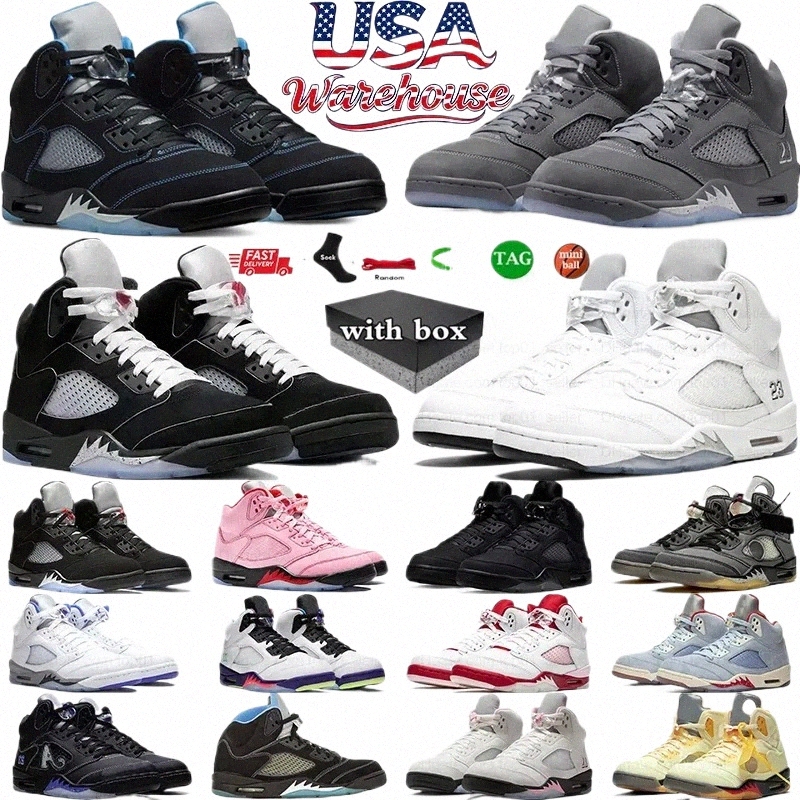 with box 5 Basketball Shoes 5s Mens White Black Metallic Reimagined Wolf Grey Fire Red Medium Soft Pink Muslin University Blue Sail Off Noir Mens Sp