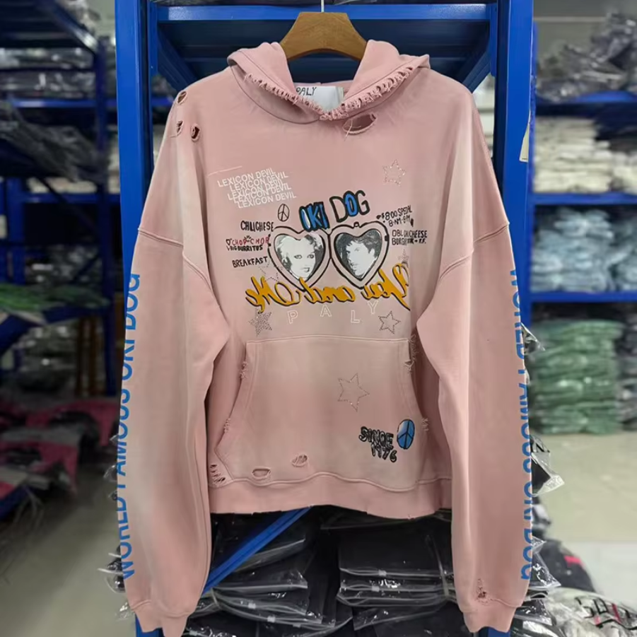Hip Hop Vintage Washed Hole Pullovers Men Women Character Graphics Print Hoodie Hooded Cotton Tag