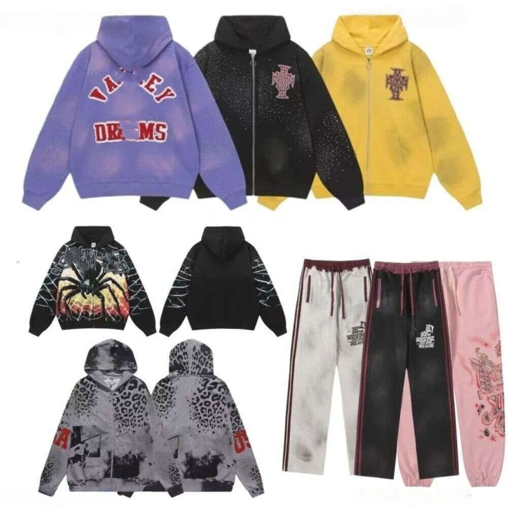 Vale dreams Zipper Jacket Tshirt Mens Tracksuit Set Rhinestone Hoodie Y2K Zip Up Sweatshirt Jogger Pants 2 Piece Outfit Retro Graphic Print Loose Fi