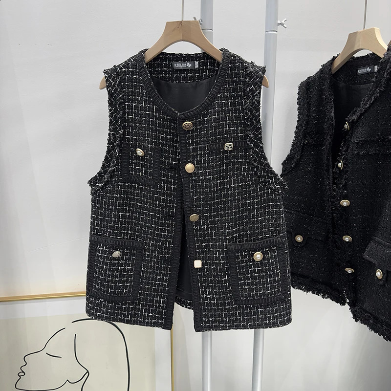 Womens Autumn Winter Item Black Plaid Coarse Tweed Fragrant Style Sleeveless Vest 260723