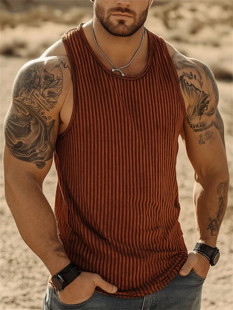 Retro Vertical Stripes Graphic Tank Tops For Men Summer Casual Daily Wear Simple 3D Printed Vest Loose Breathable Crew Neck Tops 260723BJ