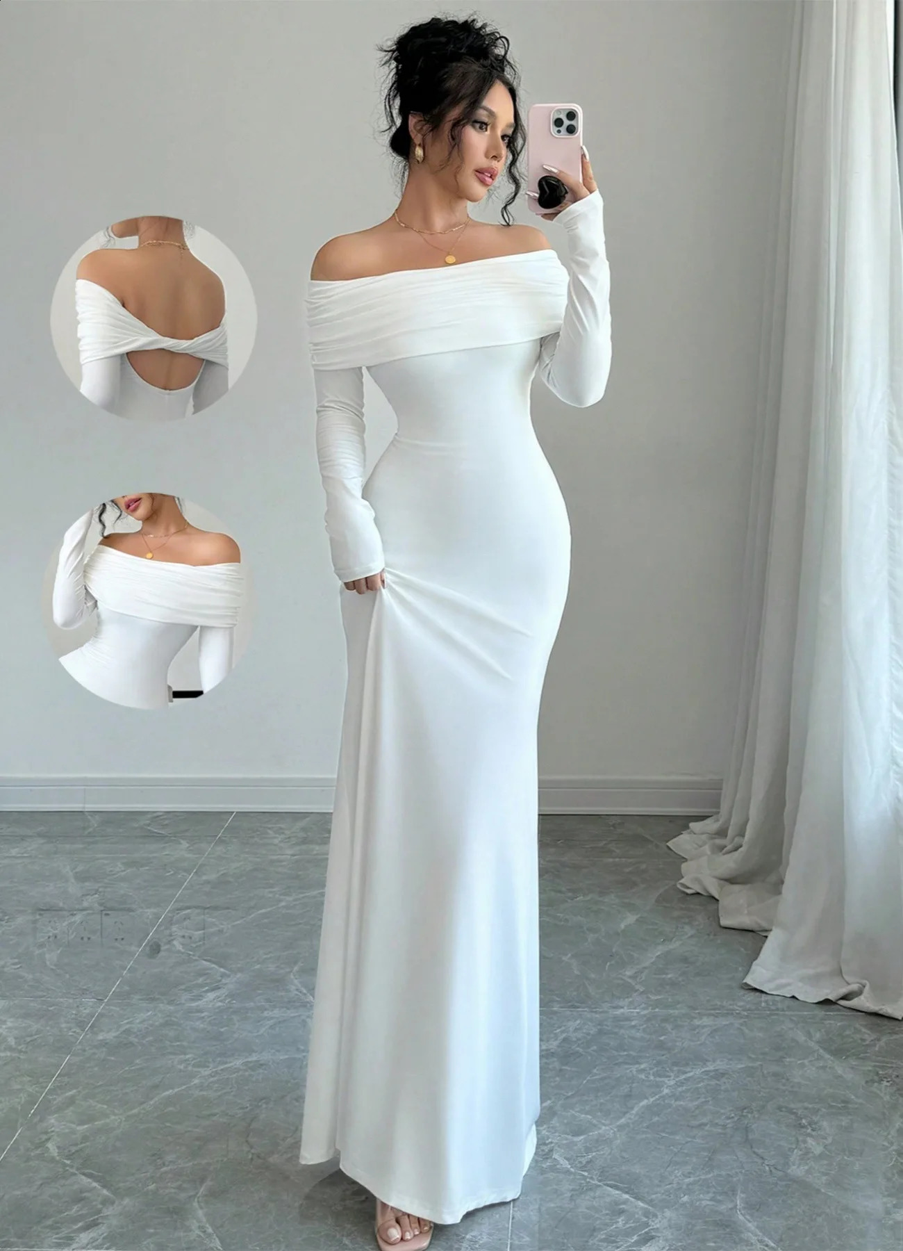 Spring Autumn Womens One-Piece Off Shoulder Pleated Tight Fashionable Elegant Dress Hip Hugging Long Dress 260722BJ