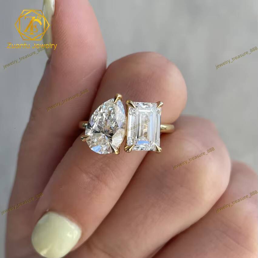Yellow Gold 14K D Color FL Pear and Emerald Diamond Stone 2CT 3CT Toi Et Moi Double Setting Moissanite Wedding Ring for Women