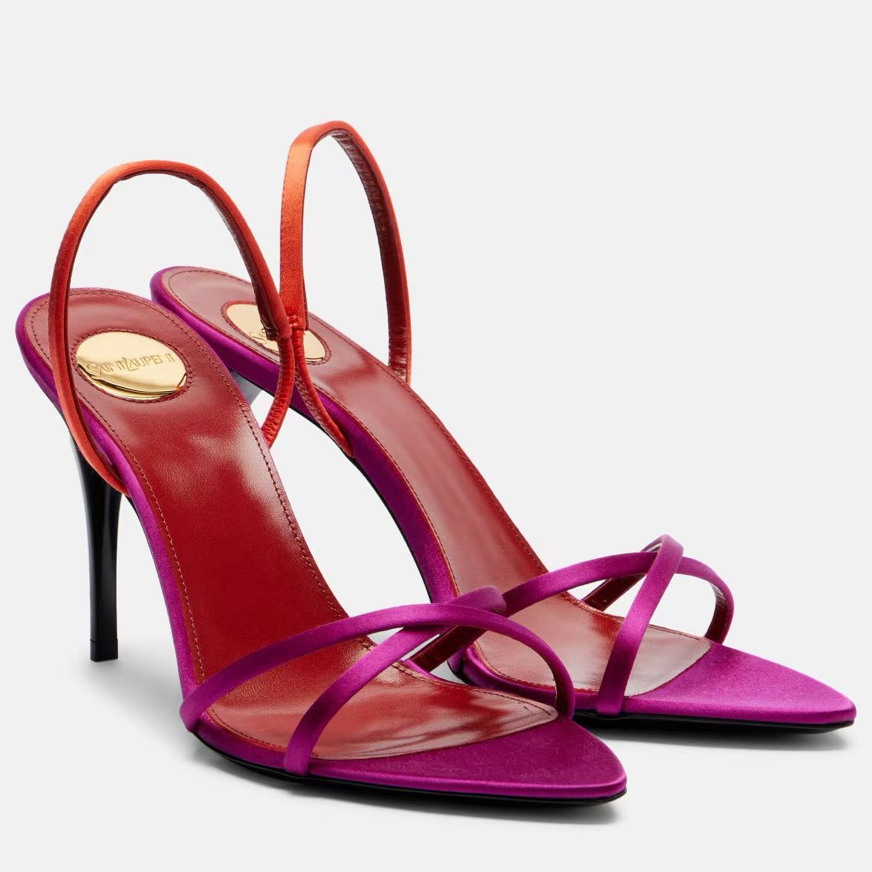 Femmes Color Block Satin Slingback Mules Bout Pointu Sangle Mince Talons Aiguilles Slip On Dos Nu Robe De Soirée Sandales 9.5cm Sandales de créat