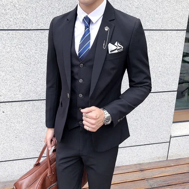 Boutique mens business casual suit summer thin solid color dress three pieces black gray khaki optional 260720banjia