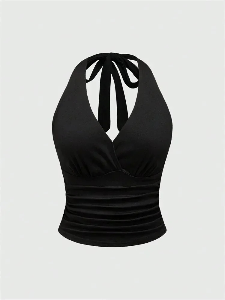 Solid V neck Backless Halter Crop for Women Summer Sexy Y2K Sleeveless Ruched Top Streetwear 260723