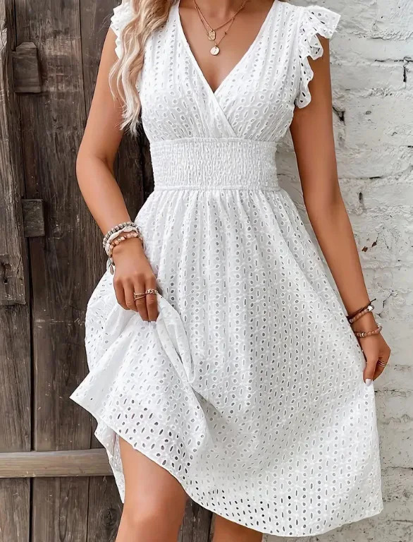White Lace Fashion Hollow Mini Dress For Women VNeck Summer Elegant Office Ladies ALine Dresses Casual Beach Holiday Sundress 260721banjia