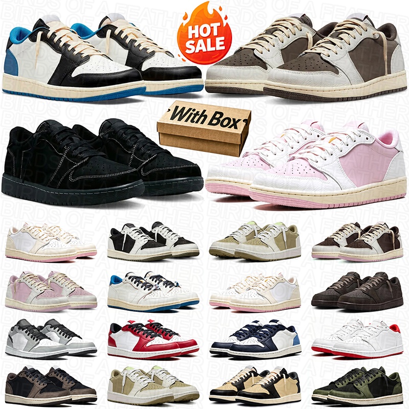 with box men women dh gates basketball shoes mens trainers designer travis 1s sneakers Olive Brown Mocha Black White Court Purple Wolf Grey 1 low